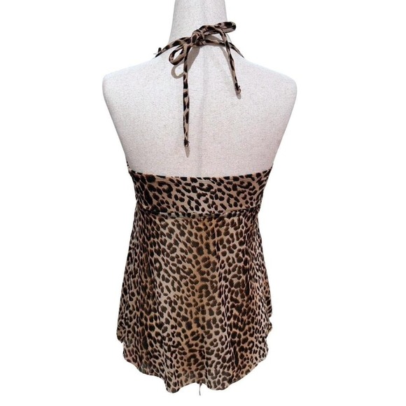 Y2K 2000s Leopard Print Mesh Halter Tankini Swimsuit Top - Picture 2 of 4
